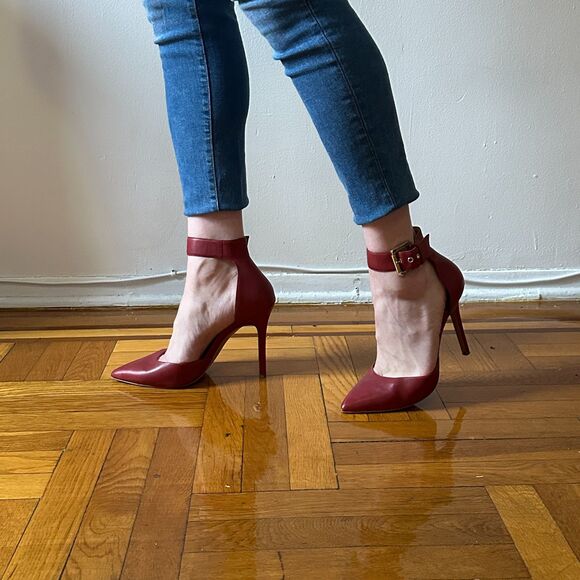 Aldo Astfeld Dark Red Buckle Ankle Strap Leather Heels Size 11 - Picture 2 of 8